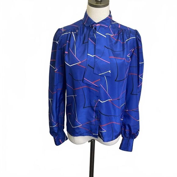 Vintage Aansworth Women Size Medium Blue Retro Print High Neck Button Down Shirt - Picture 1 of 12